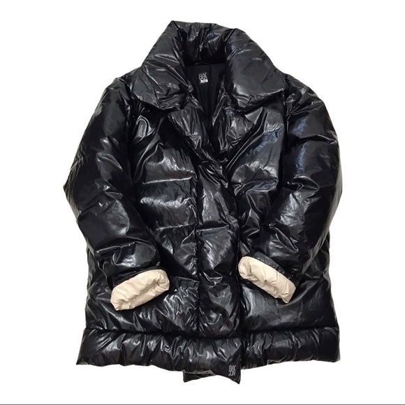 Bacon Women Small Black Shiny Pocketed Zippered Hooded Down Puffer Jacket - Picture 1 of 16